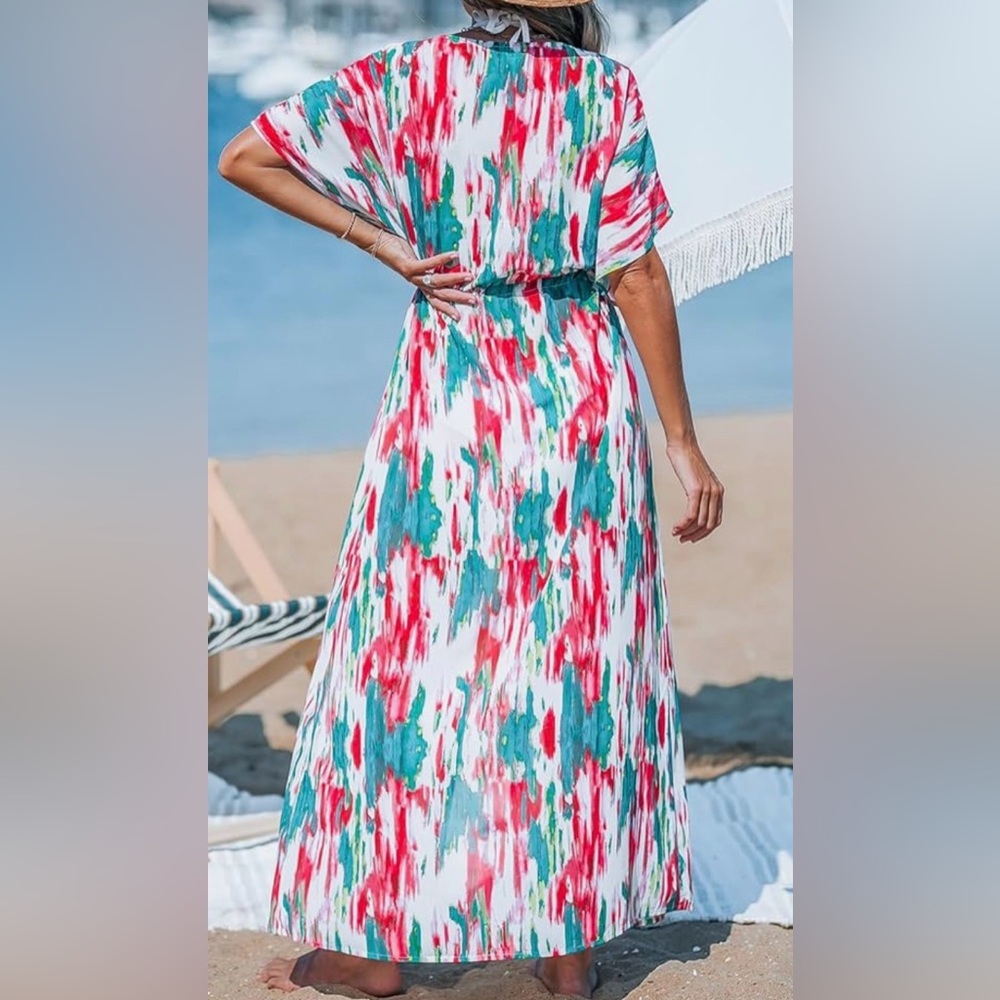 Cupshe NWT SZ L Teal, Red & White Maxi Swim Cover-Up - Picture 3 of 5